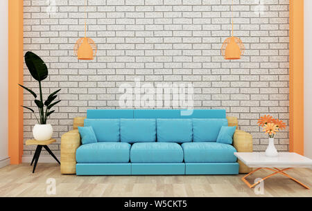 Loft interior mock up with sofa and decoration and white brick wall on wooden floor .3D rendering Stock Photo