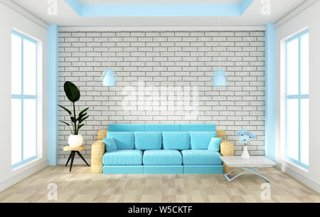 Loft interior mock up with sofa and decoration and white brick wall on wooden floor .3D rendering Stock Photo