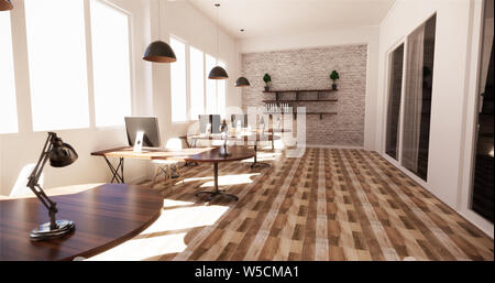 office interior with a row under large windows. Massive ceiling lamps.3D rendering Stock Photo