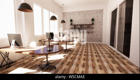 office interior with a row under large windows. Massive ceiling lamps.3D rendering Stock Photo