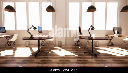 office interior with a row under large windows. Massive ceiling lamps.3D rendering Stock Photo