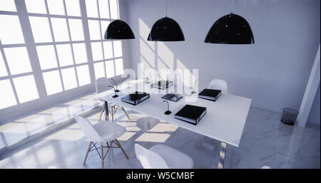 office interior with a row under large windows. Massive ceiling lamps.3D rendering Stock Photo