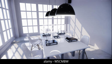 office interior with a row under large windows. Massive ceiling lamps.3D rendering Stock Photo