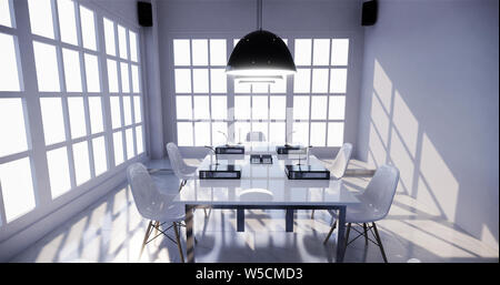 office interior with a row under large windows. Massive ceiling lamps.3D rendering Stock Photo