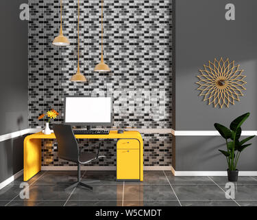 Black Mosaic tile wall design on black granite tile in workroom office with computer and decoration. 3D rendering Stock Photo