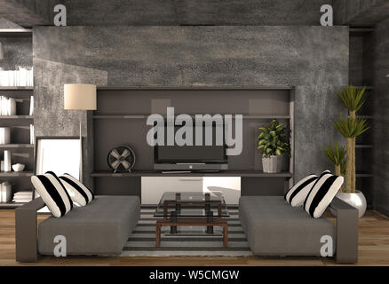 Living room on concrete wall and furniture modern loft style. 3D rendering Stock Photo