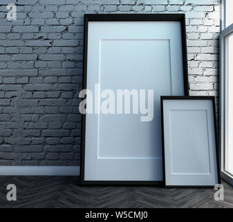frames on brick wall and wooden wooden floor. 3D rendering Stock Photo