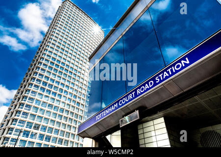 New entrance to Tottenham Court Road Station with brutalist Centre Point tower in the background, London, UK Stock Photo