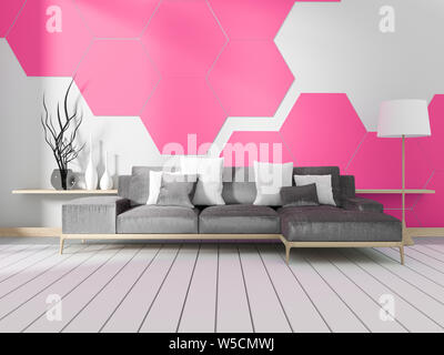 Room with sofa and white hexagonal tile wall. 3D rendering Stock Photo