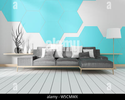 Room with sofa and white hexagonal tile wall. 3D renderin Stock Photo