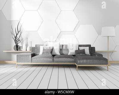 Room with sofa and white hexagonal tile wall. 3D rendering Stock Photo