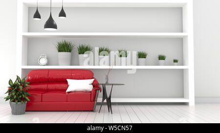 Red sofa living Interior modern room, plants and red sofa. 3D rendering Stock Photo