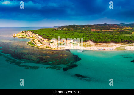 Graniro beach with Santa Lucia old town in the Italian region Sardinia on Tyrrhenian Sea, Sardinia, Italy, Europe. Stock Photo