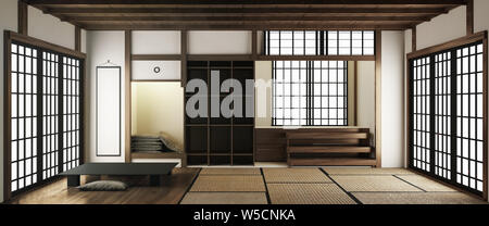 tatami mats and paper sliding doors called Shoji in Japanese room style. 3D rendering Stock Photo