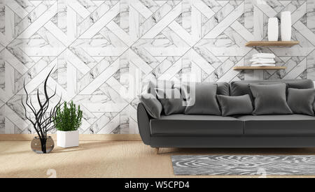 living room interior with sofa and green plants on granite wall background,minimal designs, 3d rendering Stock Photo