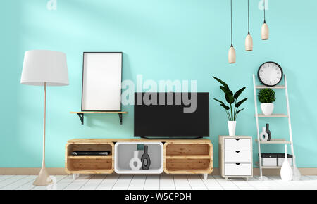 Smart Tv Mockup on mint wall in japanese living room. 3d rendering Stock Photo