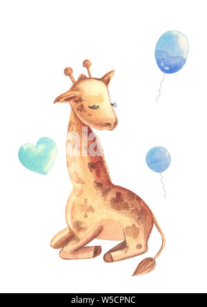 Illustration of a colorful watercolor animal character giraffe sitting among blue clouds on a white isolated background. Stock Photo