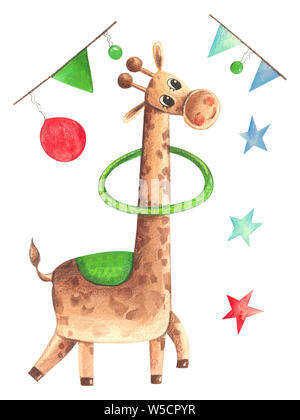 Illustration of a colorful watercolor animal character giraffe juggles with objects on a white isolated background. Stock Photo
