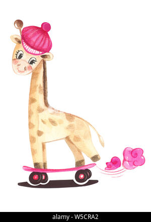 Illustration of color watercolor animal character giraffe on a sports skate on a white isolated background. Stock Photo