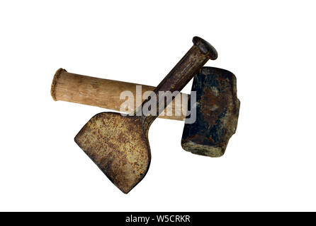 cut bricks and brick cutting tools isolated on a white background. Stock Photo