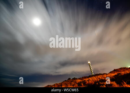 Bunbury Lighthouse at Night with Stars and Moon Sky Western Australia Stock Photo