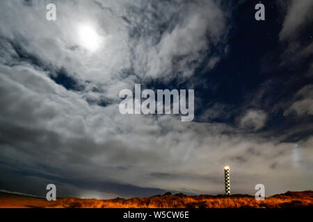 Bunbury Lighthouse at Night with Stars and Moon Sky Western Australia Stock Photo