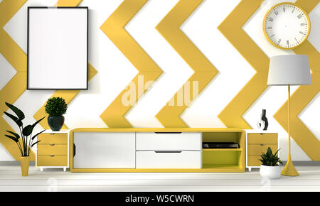 Yellow and white room poster with zen hipster minimalism japanese interior background, 3D rendering Stock Photo