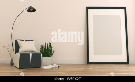 The interior has a sofa and lamp on empty white wall background,3D rendering Stock Photo