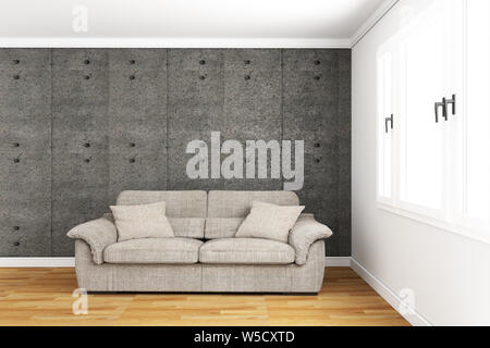 loft interior of living room, sofa on white flooring and concrete wall ,3d rendering Stock Photo