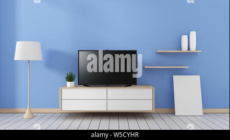 Smart Tv with blank black screen hanging on the cabinet, modern blue living room. 3d rendering Stock Photo