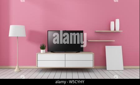 Smart Tv with blank black screen hanging on the cabinet, modern pink living room. 3d rendering Stock Photo