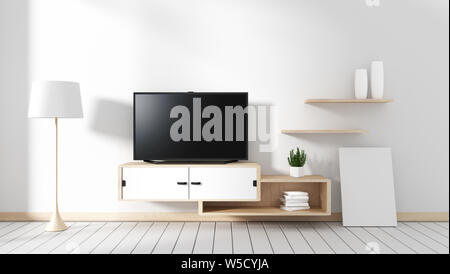 Smart Tv - blank black screen hanging on the cabinet, modern living room with white wood floor. 3d rendering Stock Photo