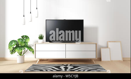 Smart Tv Mockup with blank black screen hanging on the cabinet decor, modern living room zen style. 3d rendering Stock Photo