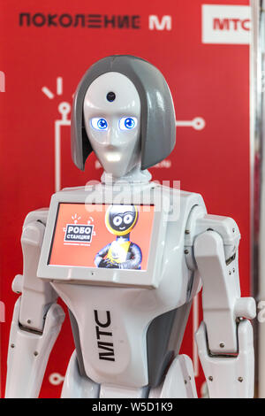 STAVROPOL, RUSSIA - APRIL 6, 2019: Modern Promo robot on the technology exhibition in Stavropol, Russia Stock Photo