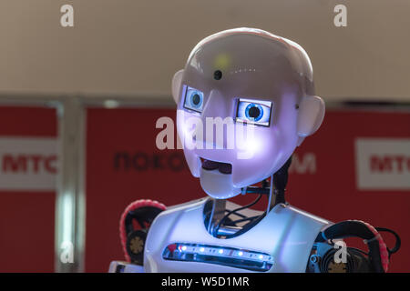 STAVROPOL, RUSSIA - APRIL 6, 2019: Modern Promo robot on the technology exhibition in Stavropol, Russia Stock Photo