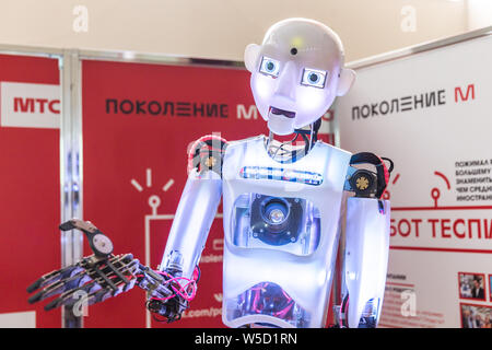 STAVROPOL, RUSSIA - APRIL 6, 2019: Modern Promo robot on the technology exhibition in Stavropol, Russia Stock Photo