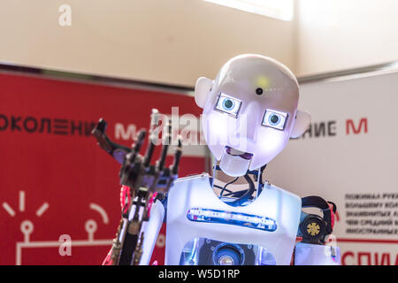STAVROPOL, RUSSIA - APRIL 6, 2019: Modern Promo robot on the technology exhibition in Stavropol, Russia Stock Photo