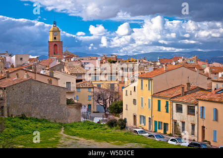 Saint Tropez village church tower and old rooftops view, famous tourist destination on Cote d Azur, Alpes-Maritimes department in southern France