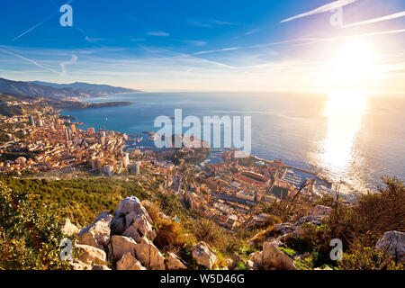Principality of Monaco aerial panoramic sunrise view, skyscrapers of Cote D Azur Stock Photo