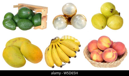 fresh avocado falling out wooden crate isolated on white Stock Photo