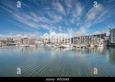 2 June 2018: Plymouth, Devon, UK - New apartment blocks on the waterfront in Plymouth Barbican. Stock Photo