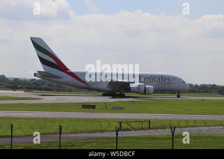 A Emirates airbus A380-800 landing at Manchester airport Stock Photo