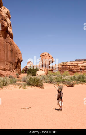 Young boy hiking in the Davis Canyon of the Canyonlands National Park in Utah.  Pointing out a rock formation while walking through the desert sand. Stock Photo