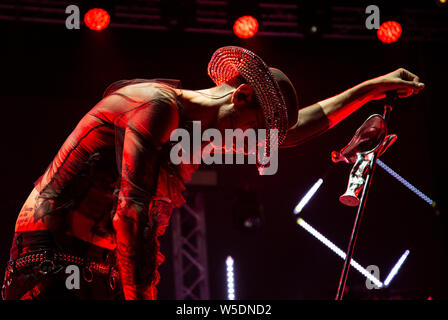 Achille Lauro performs live on stage during the Gru Village Festival in Turin. Stock Photo