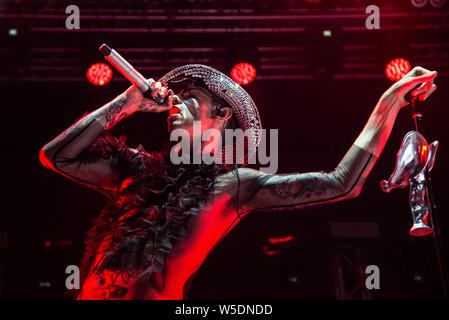 Achille Lauro performs live on stage during the Gru Village Festival in Turin. Stock Photo