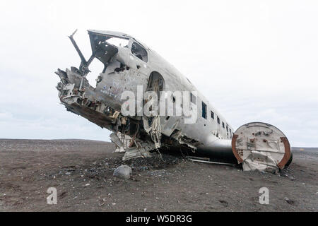 Solheimasandur plane wreck view. South Iceland landmark. Abandoned plane on beach Stock Photo