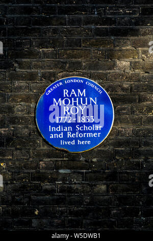 Blue plaque for Ram Mohun Roy Indian scholar and reformer, London, UK Stock Photo