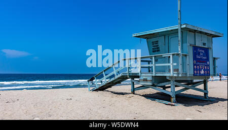 California USA. May 30, 2019. Lifeguard hut on Venice beach. Pacific ocean coastline Los Angeles. Blue sky and sea, copy space