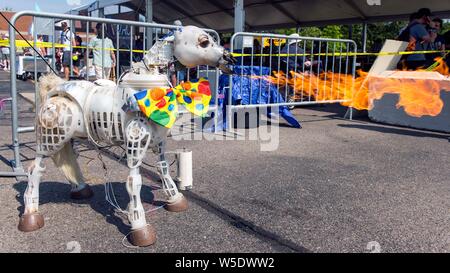 Dearborn, Michigan, USA. 28th July, 2019. A hacked, fire-breathing Butterscotch Pony shows how ''FurReal'' she can get when mad during the 10th Annual Maker Faire Detroit at the Henry Ford Museum of American Innovation. Maker Faire is a gathering of tech enthusiasts, tinkerers, engineers and science club members who gather to show and share knowledge about what they've made. Credit: Brian Cahn/ZUMA Wire/Alamy Live News Stock Photo