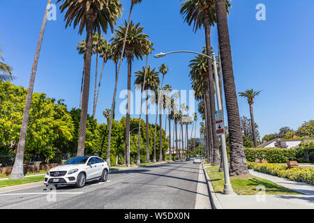 Los Angeles California, USA. May 31, 2019. Beverly hills, Palm trees and blue sky background. Sunny spring day. Stock Photo